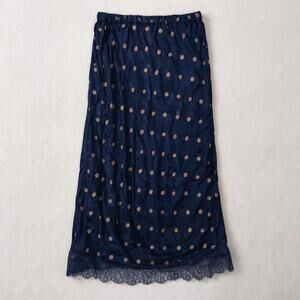 Silk Satin midi navy skirt polka dots flowers lace romantic whimsy goth